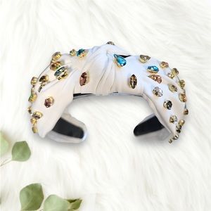 070 - White Fabric Rhinestone Knotted Hairband